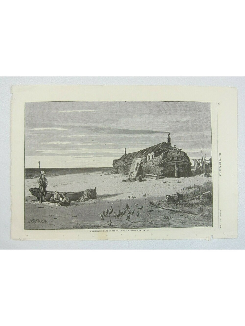 Antique 1878 Print A Fisherman’s Home By The Sea, F.S. Church, Harper’s Weekly